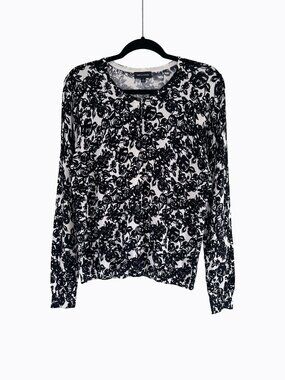 Lord&Taylor Floral Cardigan L Black Noir Cotton Modal Knit Classic Office Siren